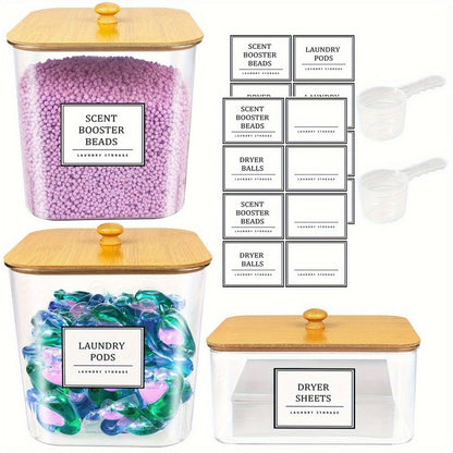 Laundry Pods Container & Dryer Sheet Holder Set with Bamboo Lids, Clear Laundry Room Organization Containers for Scent Booster, Powder, Pods – 3+1 Pack
