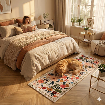 Area Rug Bohemian Floral Plush Runner with Four Machine-Washable Sizes for Bedroom or Kitchen