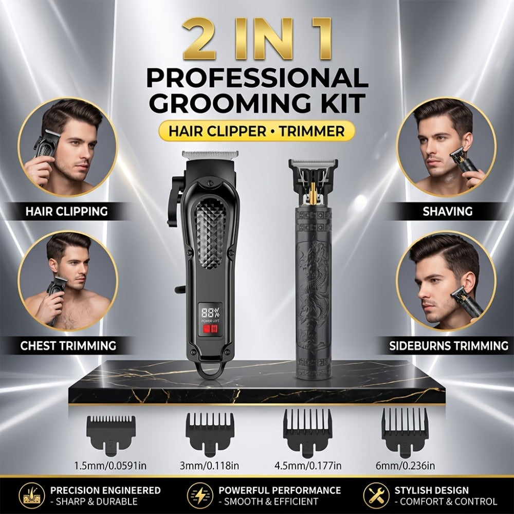 2-Piece Hair Clipper Set with Full-Size Clipper, Detail Trimmer, Guide Combs and USB Charging Accessories