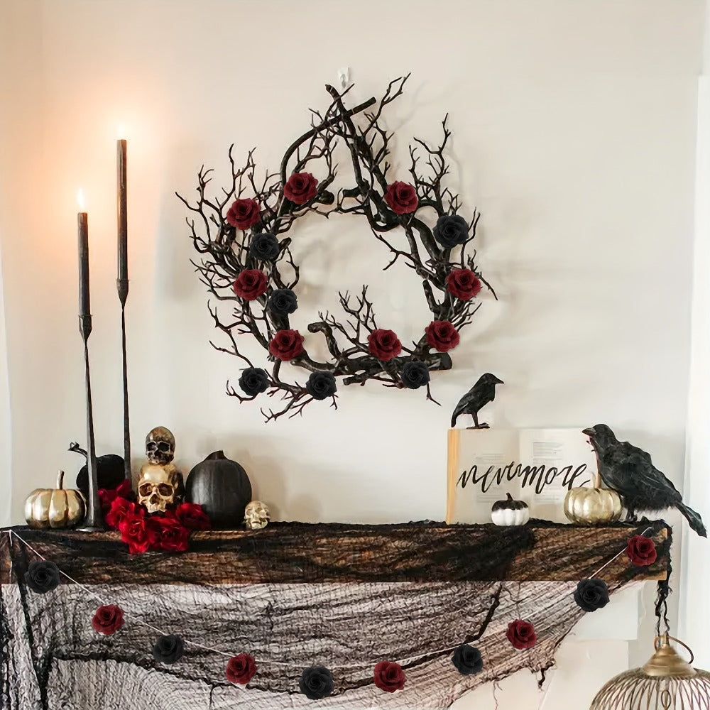 Artificial Silk-Labeled Rose Heads with 6-Inch Detachable Stems, 50-Piece Set in Black, Red or Wine Red