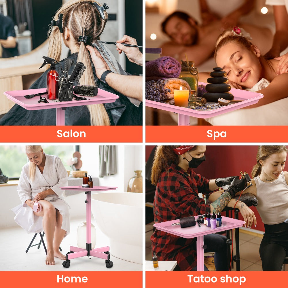 Rolling Salon Tray Cart on Wheels Adjustable Height 17.9x12.8 Inch Mobile Stylist Tray Table for Spa Tattoo Studio Blowdry Bar Aesthetic Clinic Bronze Pink