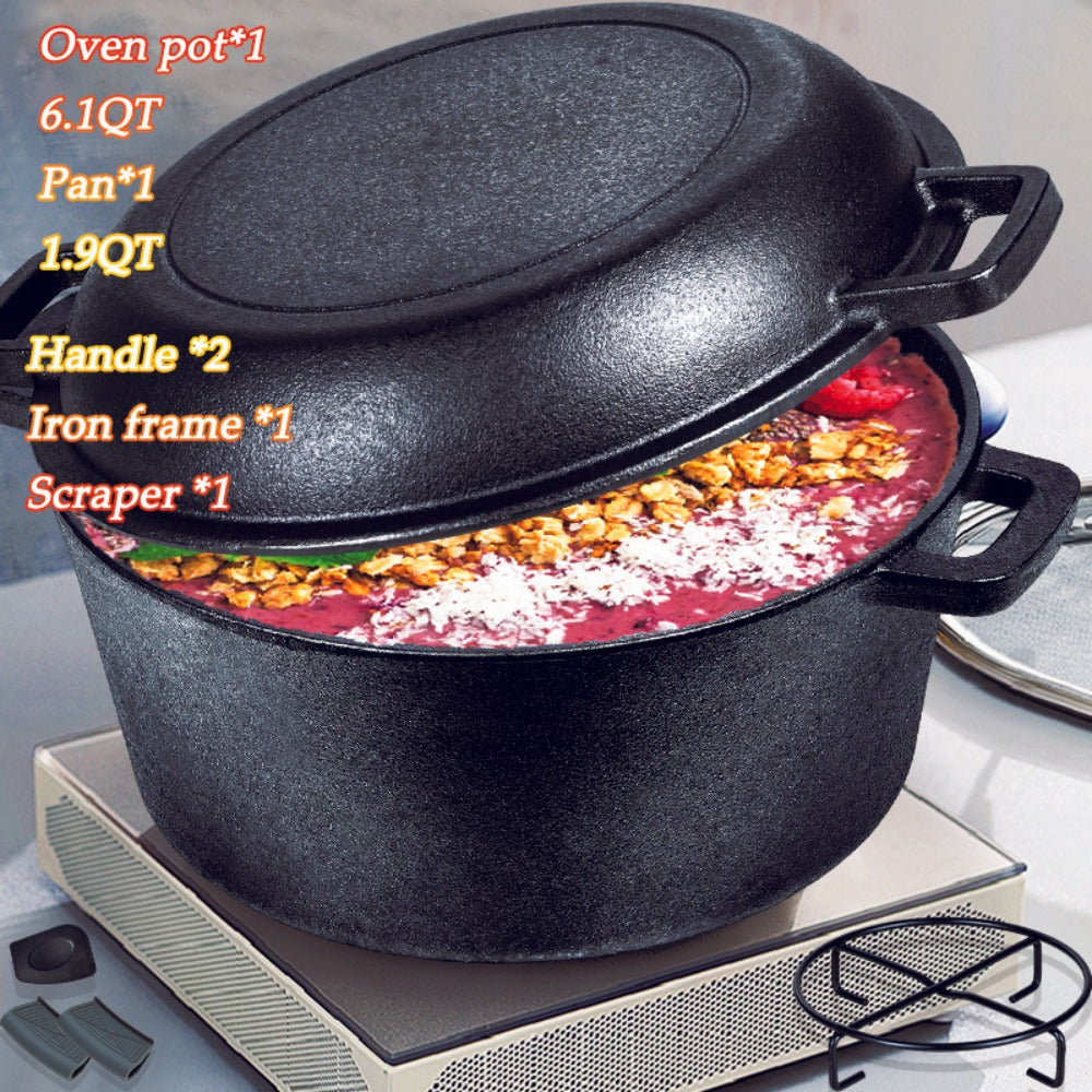 6-Piece Cast Iron Dutch Oven Set with 6.1QT Pot, 1.9QT Skillet Lid, Handle Covers, Support Frame and Scraper