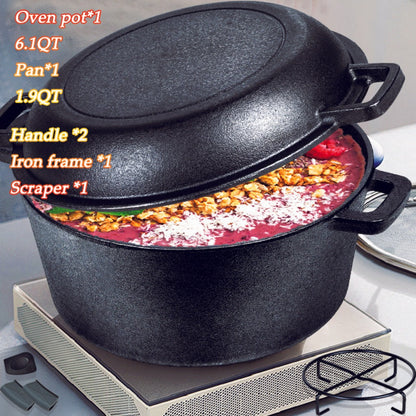 6-Piece Cast Iron Dutch Oven Set with 6.1QT Pot, 1.9QT Skillet Lid, Handle Covers, Support Frame and Scraper