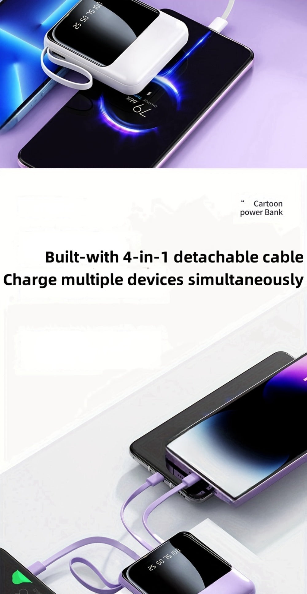 Power Bank 10000mAh with Built-In Cable Set, 5W/15W/22.5W Variants, Display and Lanyard for Travel