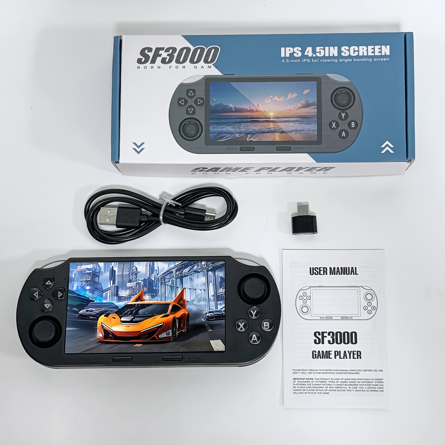 Handheld Game Console SF3000 Blue Console with 4.5-Inch HD Landscape Display, 64GB Options, 3000mAh Battery, Linux