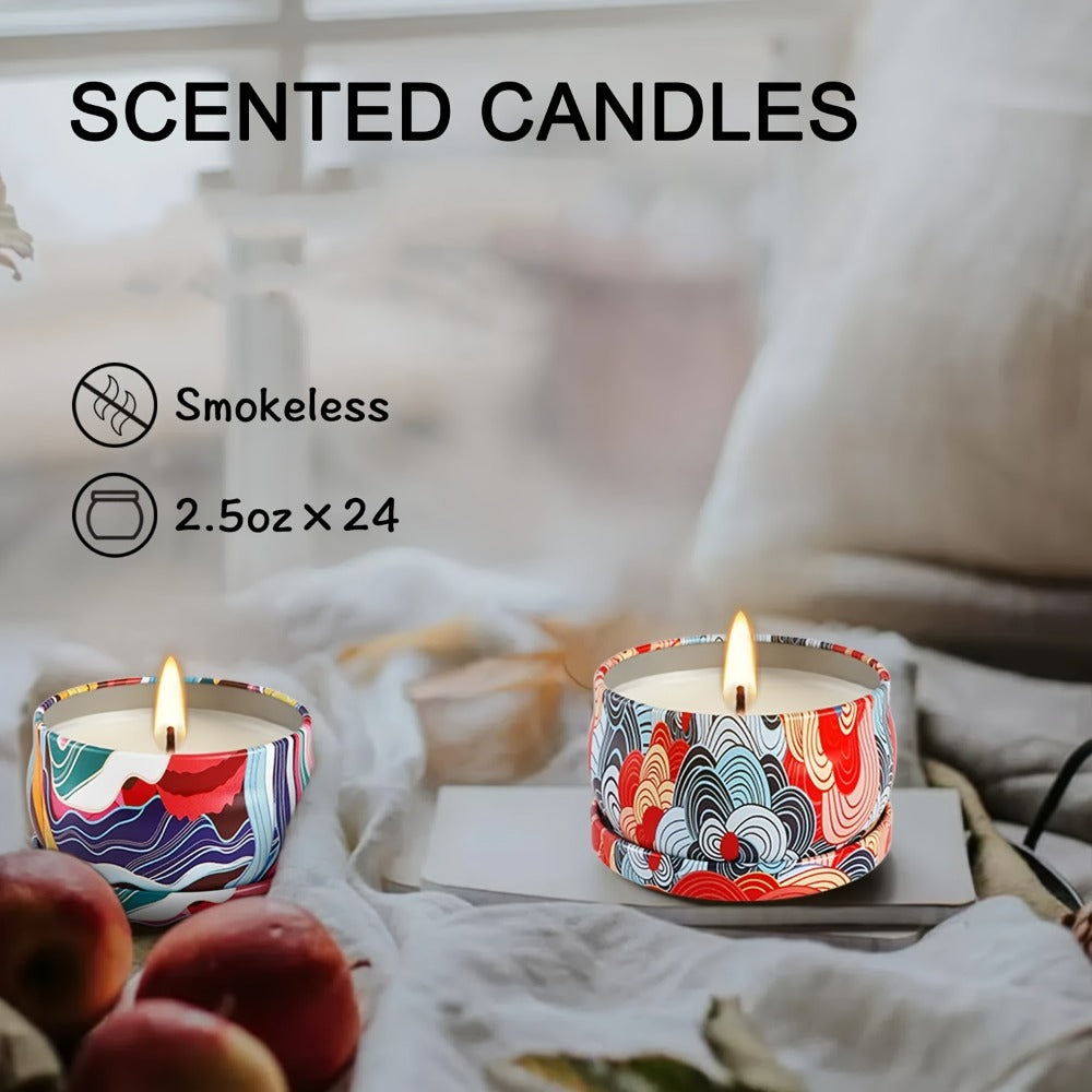 24-Piece Rain-Scent Candle Set with Lidded 2.5oz Decorative Metal Travel Tins and Fragrance Labels