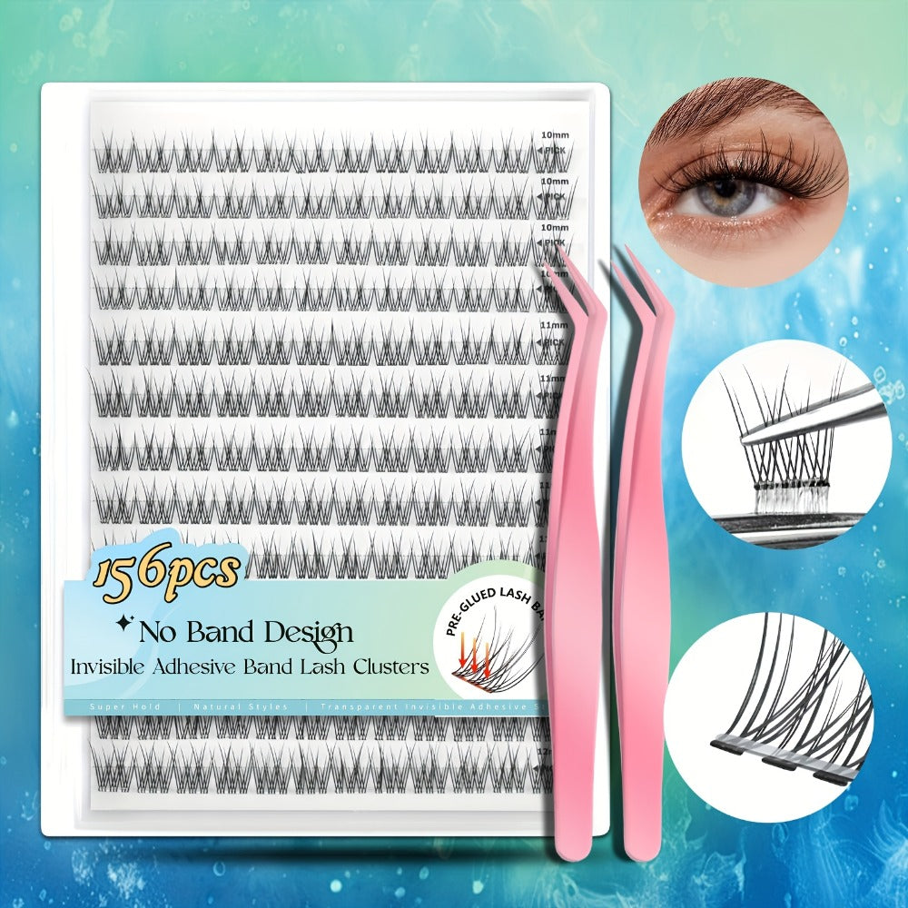 Pre-Glued Wispy False Eyelash Cluster Tray with 156 Clusters and Two Pink Applicator Tweezers