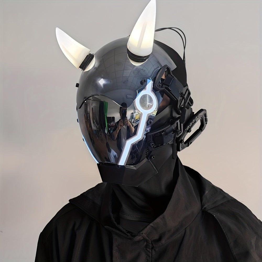 Pink LED Cyberpunk Costume Mask with Horned Full-Face Helmet, Reflective Visor and Lighted Accent Lines
