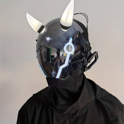 Pink LED Cyberpunk Costume Mask with Horned Full-Face Helmet, Reflective Visor and Lighted Accent Lines
