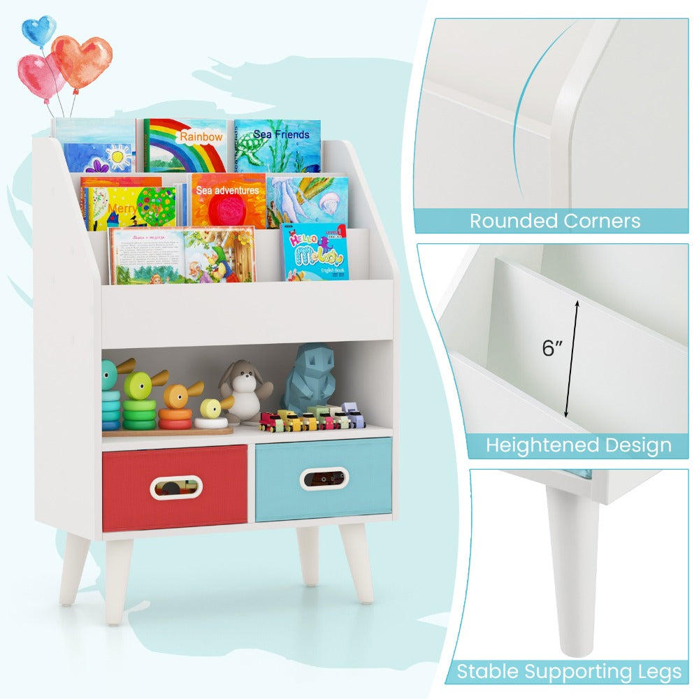 Kids Bookshelf 3-Tier with 2 Fabric Bins Open Compartments Anti-Tip Safety Design Sturdy MDF Children Book Organizer Display Rack for Playroom Nursery Classroom Bedroom Toddlers Age 3+