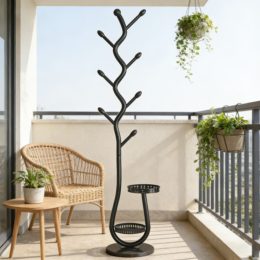 Freestanding Coat Tree with Branching Hooks, Circular Lower Shelf and White, Black or Golden Finish