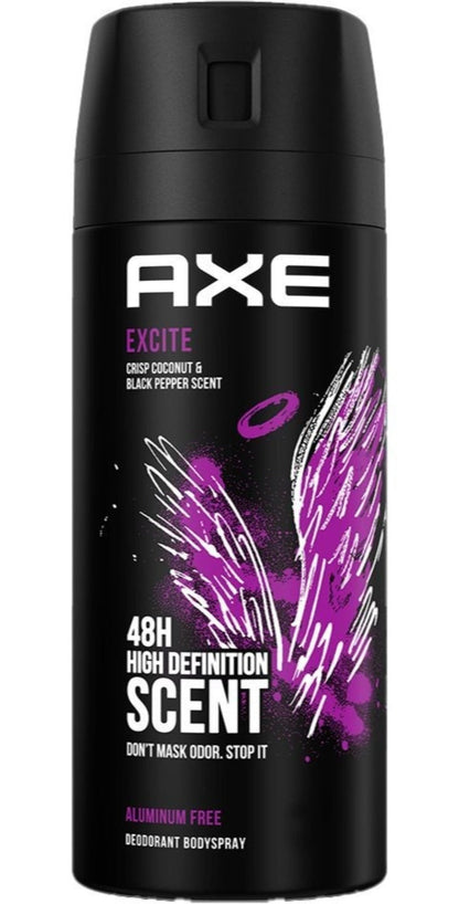 AXE Excite Body Spray Three-Pack with 150ml Black Aerosol Cans, Purple Graphics and Excite Scent Label