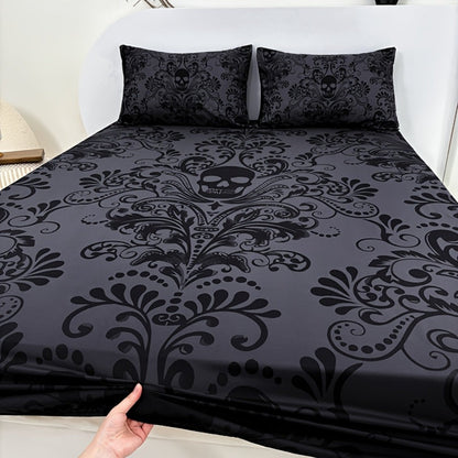 Gothic Skull Fitted Sheet Set 3-Piece – Victorian Baroque Halloween Bedding | 1 Deep Pocket Fitted Sheet + 2 Pillowcases | Machine Washable Hypoallergenic Polyester | Twin Full Queen King