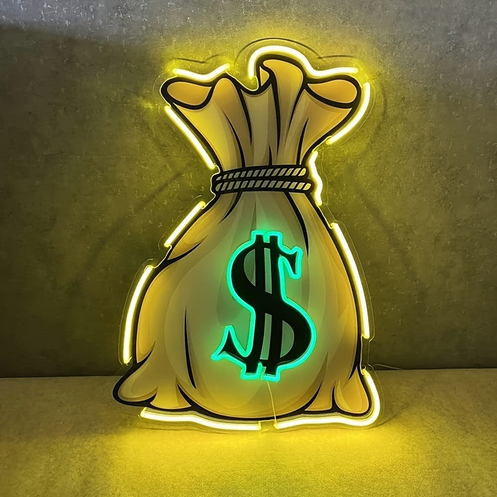 Money Bag LED Neon Sign with 40 x 30 cm Panel, USB Power and Yellow, Green and White Outline