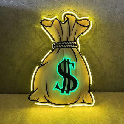 Money Bag LED Neon Sign with 40 x 30 cm Panel, USB Power and Yellow, Green and White Outline