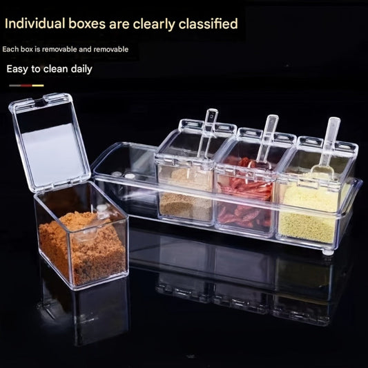 Kitchen Seasoning Storage Box Set of 4 - Transparent Multi-Grid Moisture-Proof Spice Organizer with Flip Lid, Airtight Condiment Container for Home Kitchen Apartment