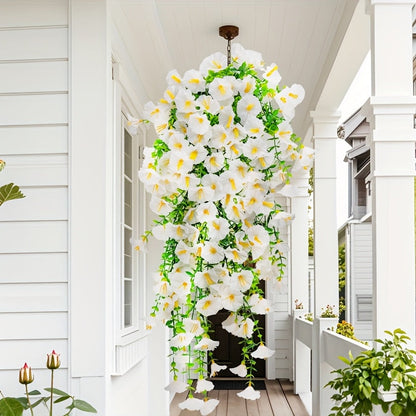 Artificial Flowers Outdoor UV Resistant 4 Bundles Hanging Morning Glory Fake Flowers for Porch Window Box Garden Home Decor Thanksgiving Christmas
