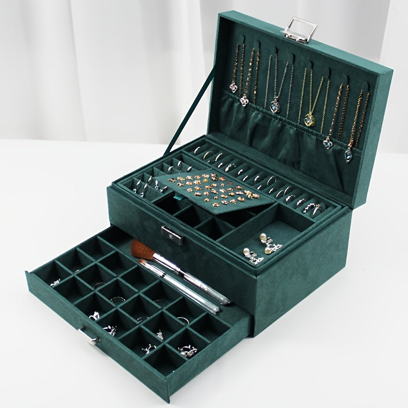 Jewelry Organizer Velvet-Lined Box with Key-Lock Closure and Drawers in Green, Pink or Black