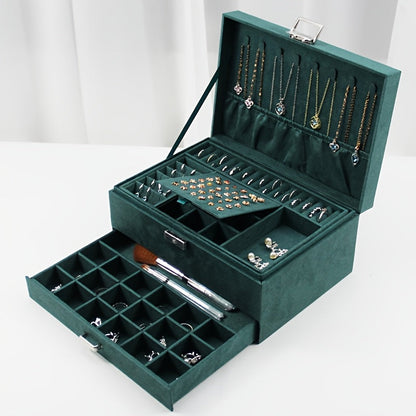 Jewelry Organizer Velvet-Lined Box with Key-Lock Closure and Drawers in Green, Pink or Black