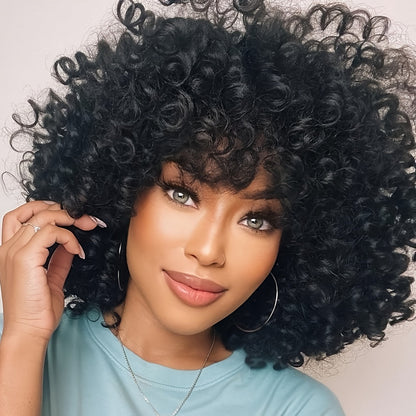 Afro Kinky Curly Wig for Black Women Short Synthetic Hair with Bangs 180% High Density Natural Fluffy Curls Stretch Cap Daily Wear Party Cosplay Fits All Head Sizes
