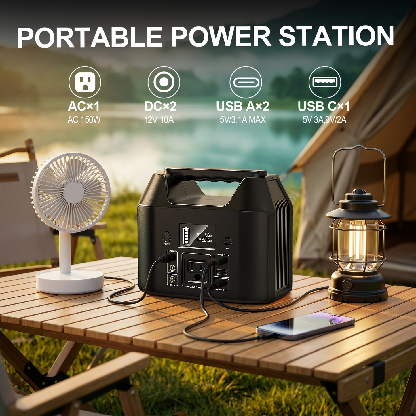 Portable Power Station 576Wh 650W or Compact 150W Configuration with Six Outputs and LED Light