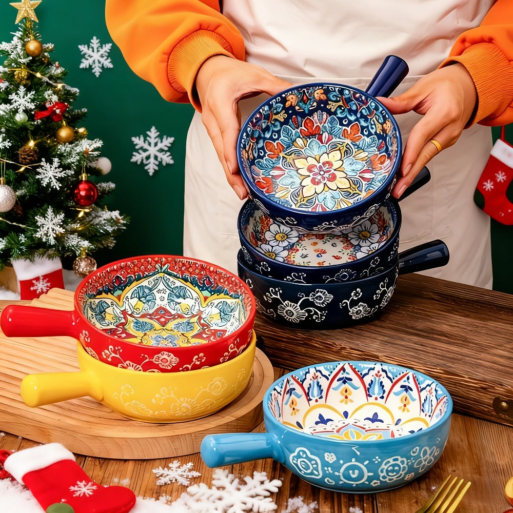 Four-Piece Bohemian-Style Ceramic Bowl Set with Handles in Light Blue, Blue, Red and Yellow