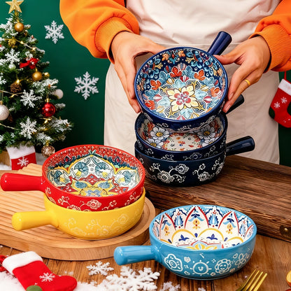 Four-Piece Bohemian-Style Ceramic Bowl Set with Handles in Light Blue, Blue, Red and Yellow