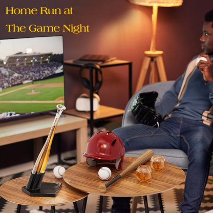 Baseball Bat Whiskey Decanter Set with 20.2 oz Bat-Shaped Bottle, Two 10.1 oz Baseball Glasses and Display Stand
