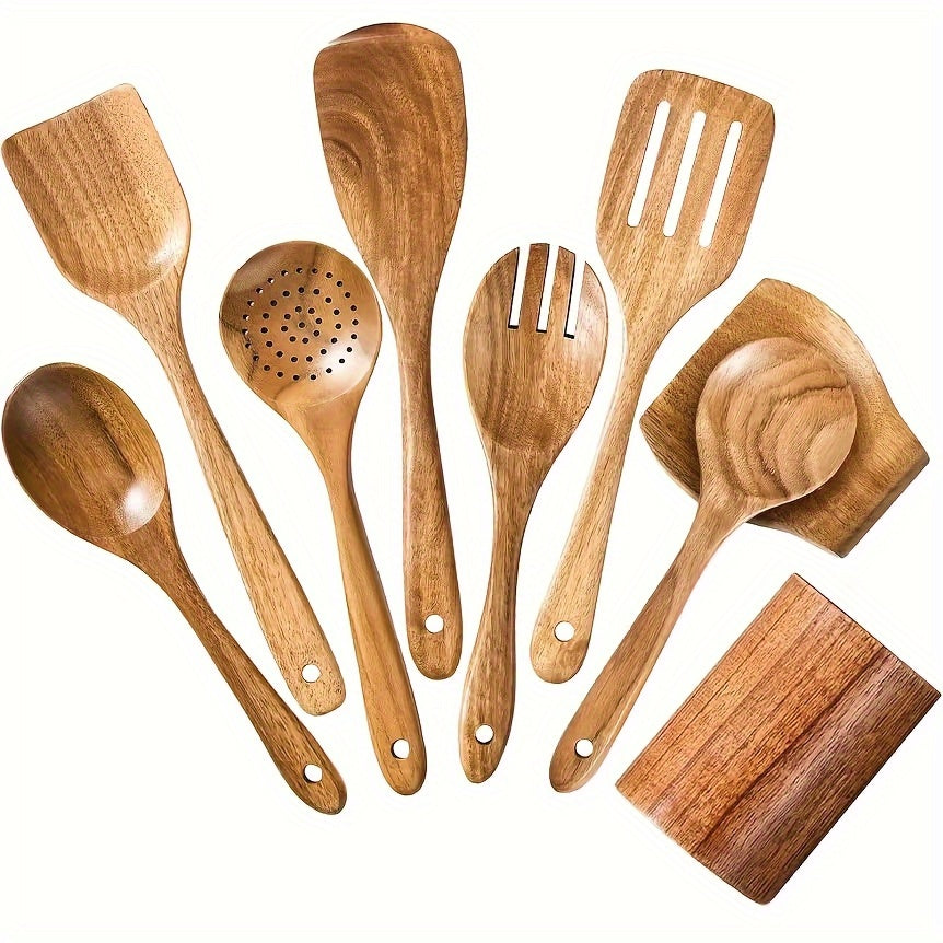 Teak Wood Kitchen Utensil Set 3 Piece Solid Wood Cooking Spoon Rice Spoon High Temperature Resistant Non-Stick Pan Safe Wooden Cooking Utensils Polished Finish Household Kitchen Tools