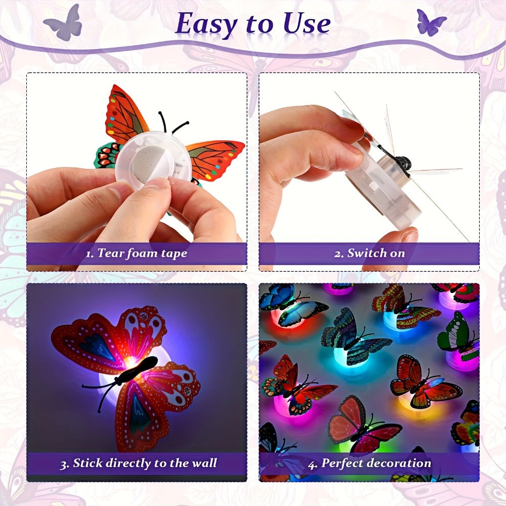 LED Butterfly Wall Stickers 30pcs 3D Glowing Butterfly Decorations Night Light Colorful Wall Decals for Bedroom Living Room Party Wedding Christmas Holiday Home Decor Random Color