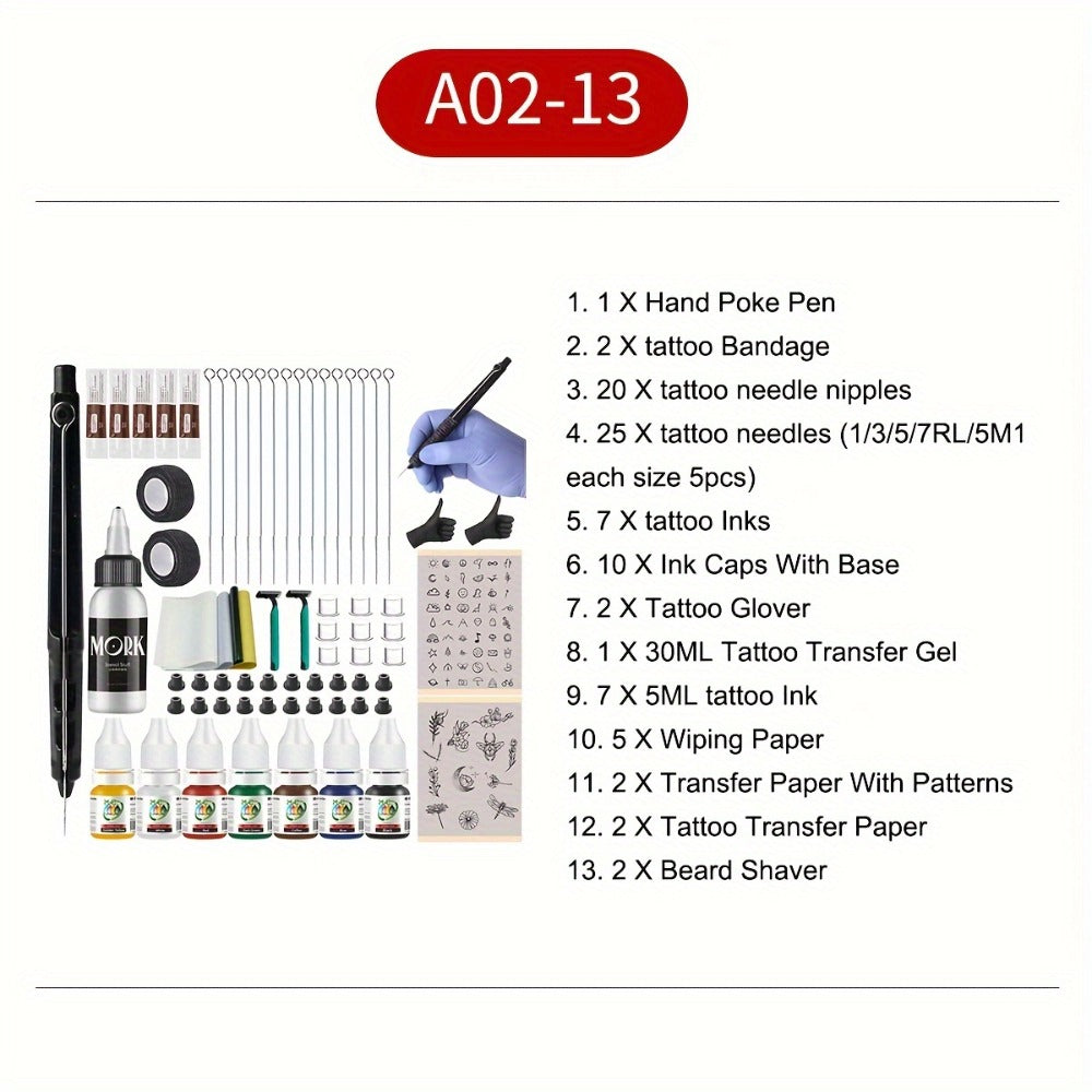 Manual Hand-Poke Tattoo Kit A02-3 with 14.3cm Pen Holder, Five Needles, Two Bottles and Transfer Accessories