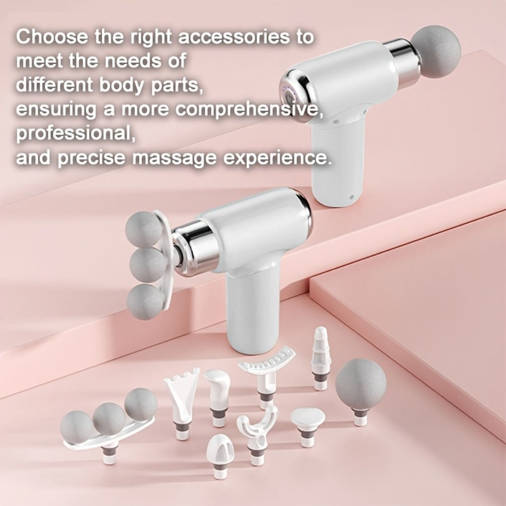 White USB-Rechargeable Massage Gun with Straight-Grip Body and Nine Interchangeable Massage Head Styles