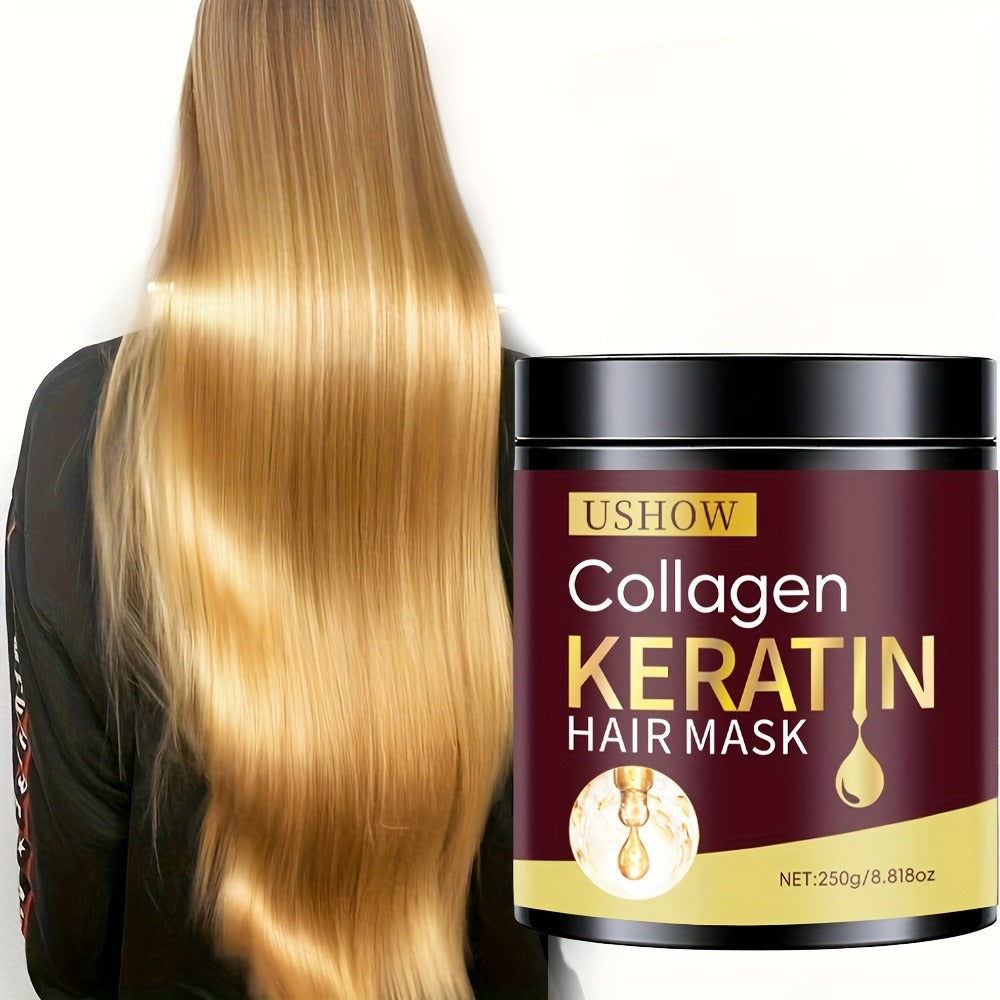 USHOW 250g Collagen and Keratin Hair Mask in Round Jar with Black Screw-Top Lid and Gold-Trim Label