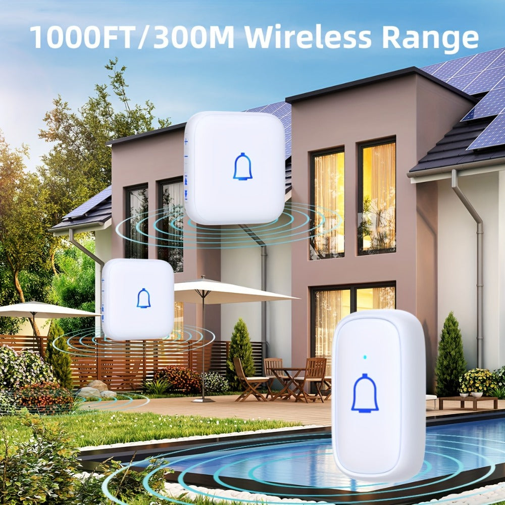 Long Range Doorbell Kit 1000ft - 115dB Loud Wireless Chime, 56 Melodies, 7 Volume Levels, Mute Mode, Battery Operated, 1 Button + 2 Plug-In Receivers, for Home Office Garage Elderly