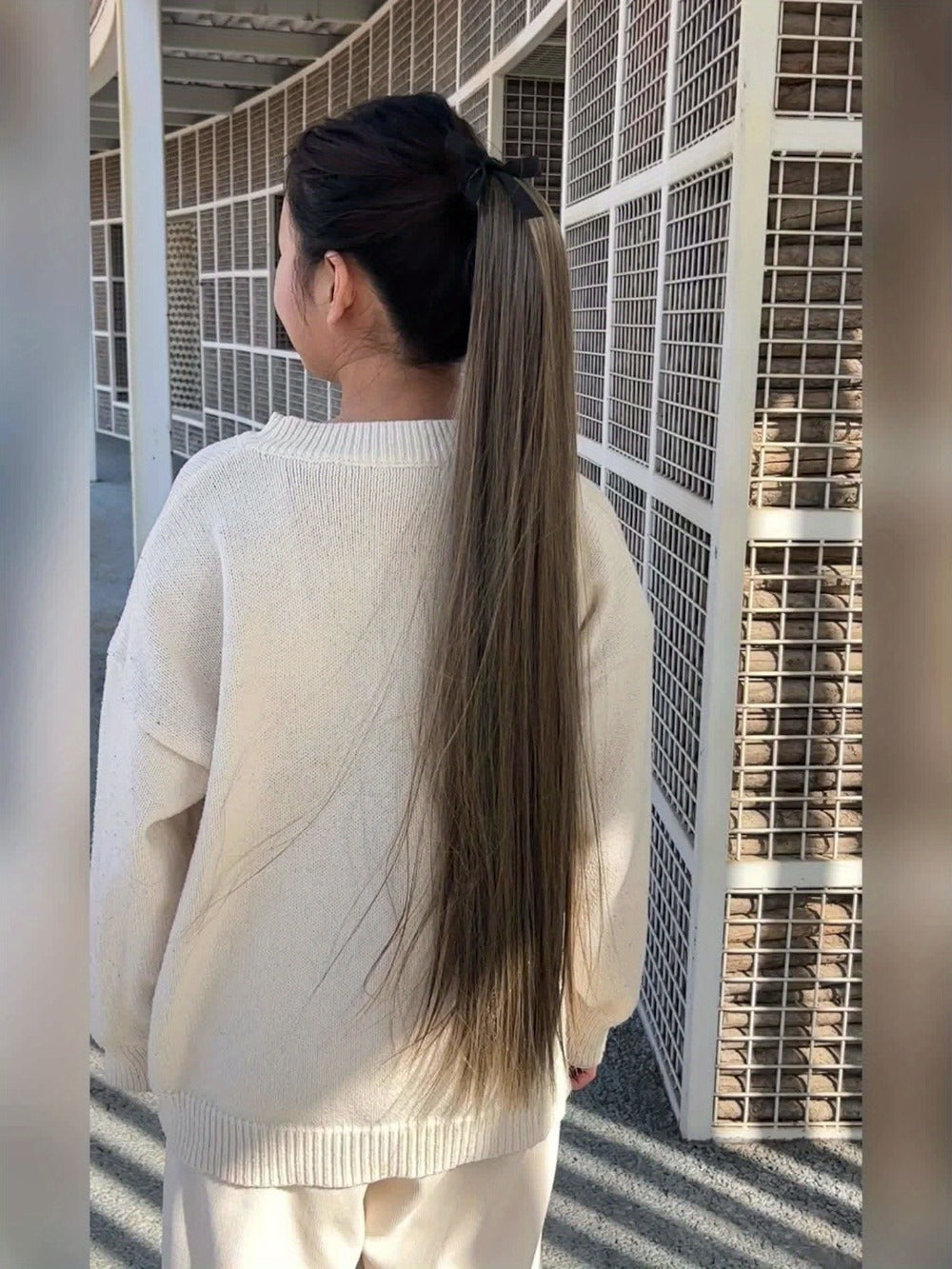 34 Inch Straight Ponytail Extension Ribbon Wrap – Long Sleek High Temperature Fiber Hairpiece for Women | Instant Wrap On Ponytail | Daily Wear Party Wedding | Brown Linen Champagne Olive Mixed