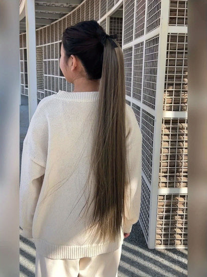 34 Inch Straight Ponytail Extension Ribbon Wrap – Long Sleek High Temperature Fiber Hairpiece for Women | Instant Wrap On Ponytail | Daily Wear Party Wedding | Brown Linen Champagne Olive Mixed