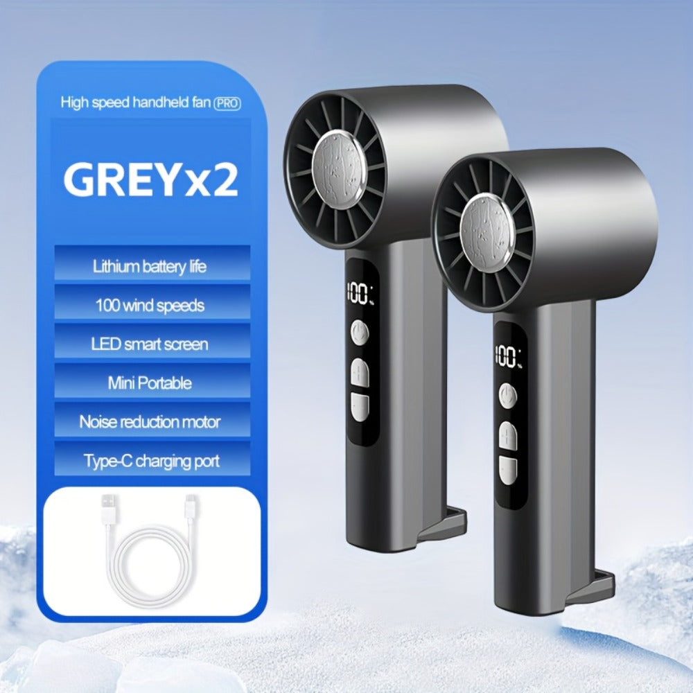 Two-Pack 1800mAh Handheld Fans with 100-Level Speed Display, USB-C Charging and White or Dark Gray Sets