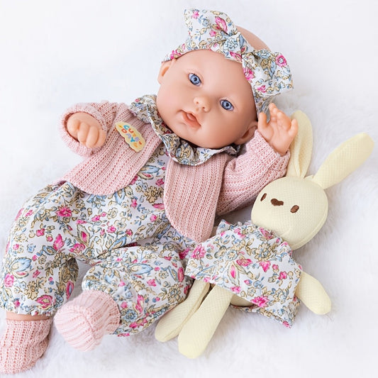 Floral Dress Baby Doll 12 Inch with Rabbit Plush Toy Gift Set – Realistic Vinyl Doll with Floral Outfit, Headscarf, Socks & Bunny Toy, Creative Dress-Up Playset for Girls Ages 3+, Birthday Holiday Gift