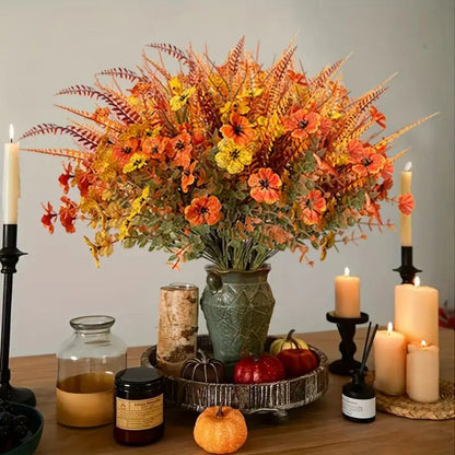 Artificial Autumn Flower Stems, Eight-Piece Set with Four Floral and Foliage Designs in Mixed Colors
