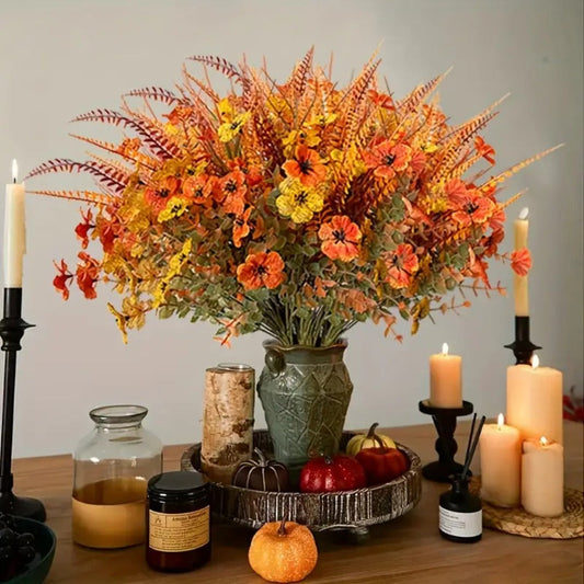 Artificial Autumn Flowers Set of 8 UV Resistant Fake Fall Floral Stems Mix Colors Indoor Outdoor Home Decor Vase Arrangement Fireplace Porch Garden Living Room