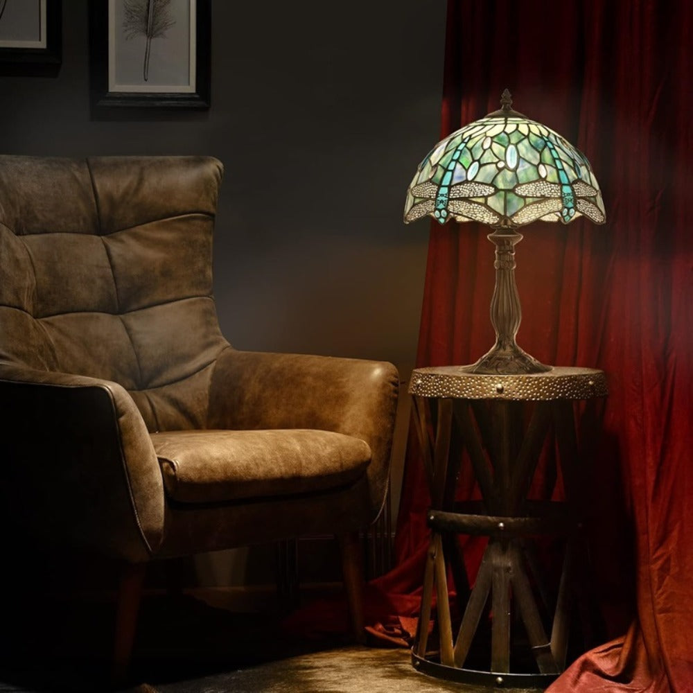 Table Lamp with Dragonfly-Motif Stained Glass Shade, 18-Inch Metal Base and Single Corded Tiffany-Style Design