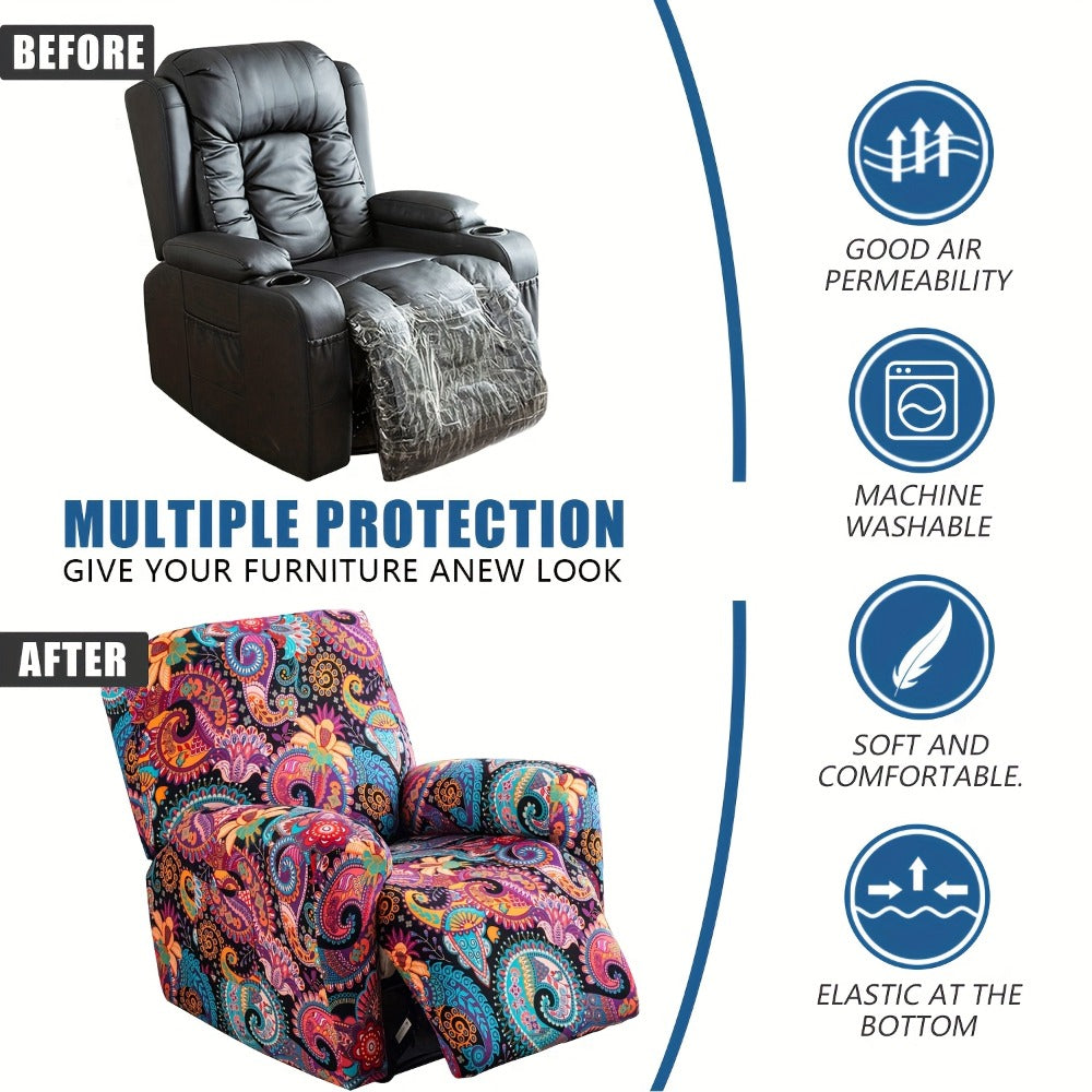 Chair Cover Four-Piece Printed Recliner Slipcover with Side Pockets in Ten Available Pattern Choices