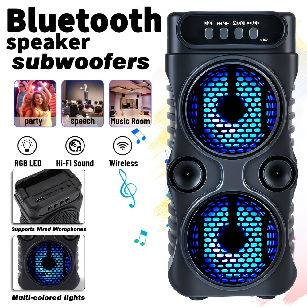 Portable Bluetooth Speaker with Dual Subwoofers, Color Lights, TWS, FM, USB, AUX, TF and Mic Input