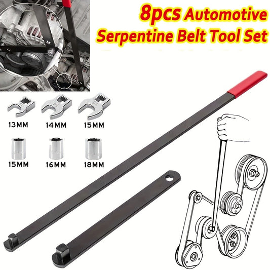 Serpentine Belt Tool Set 8-Piece, Universal 3/8" & 1/2" Drive Belt Tensioner Wrench Kit with Idler Pulley Adjuster & Crowfoot Wrenches, Chrome Vanadium Steel, Car Engine Belt Removal & Installation