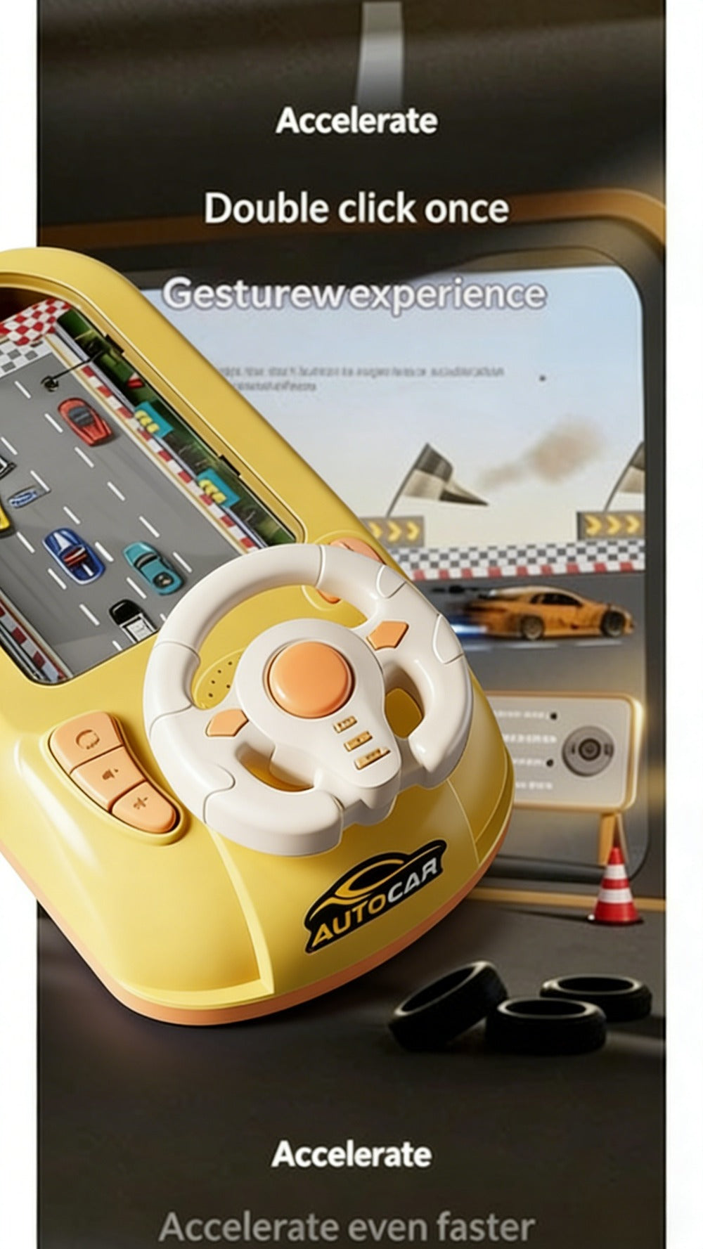 Electronic Racing Steering Wheel Game Toy with 200 Pictured Levels, Two Speeds and Yellow or Green Options