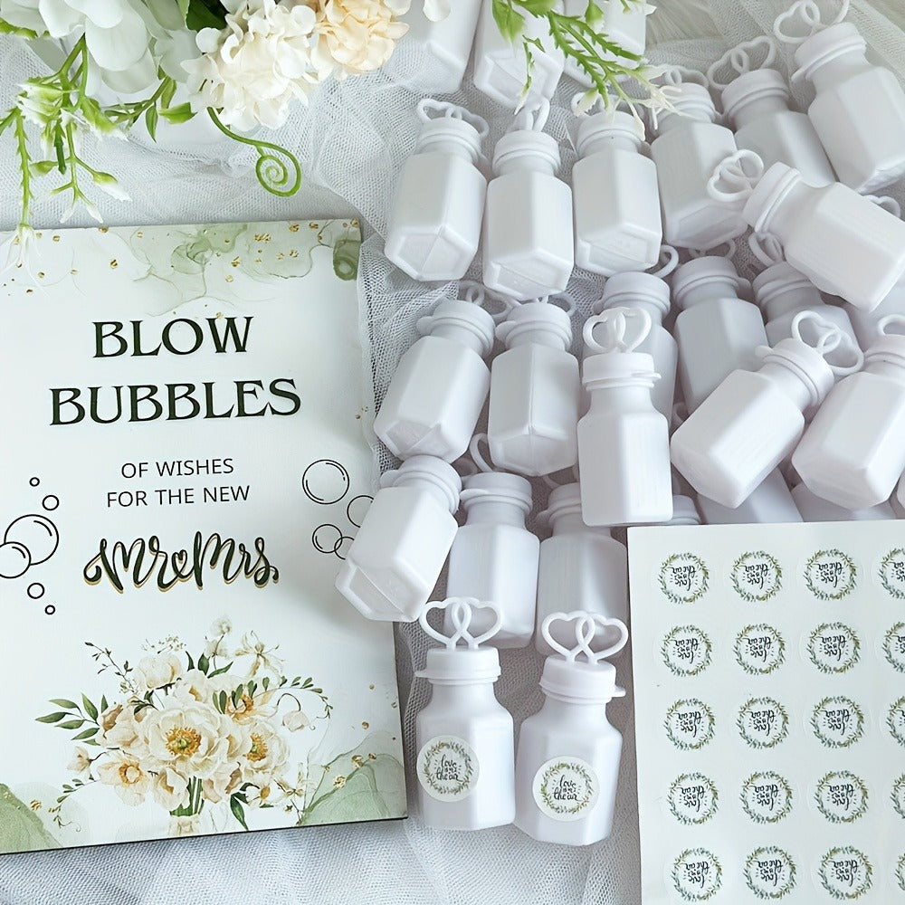 Party Favors Empty Mini Bubble Bottles, 50-Piece Set with Wooden Sign and 50 Matching Stickers
