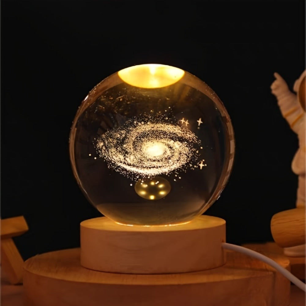 Night Light Blue Starry-Sky Crystal Orb Lamp with 3D Galaxy Pattern, Wood-Tone Base and Single Style