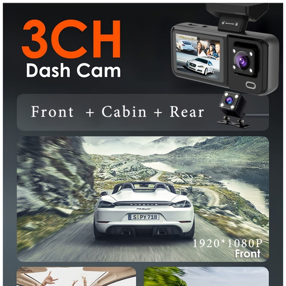 3 Channel Dash Cam Front Rear Inside 1440P+1080P+1080P with 64GB SD Card, Super Night Vision, Loop Recording, G-Sensor, Motion Detection, 24-Hour Parking Mode