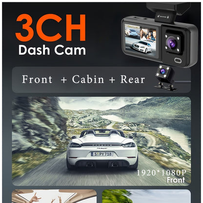 3 Channel Dash Cam Front Rear Inside 1440P+1080P+1080P with 64GB SD Card, Super Night Vision, Loop Recording, G-Sensor, Motion Detection, 24-Hour Parking Mode