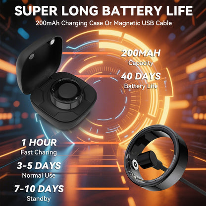 Smart Ring Fitness Tracker with Charging Case – Sleep Tracker Step Counter Distance Monitor for Women & Men | Sizes 7-13 | Black Silver Gold | iPhone & Android | USB Rechargeable | Health Gift